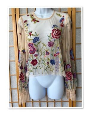 Anthropologie Layla Long Sleeve Appliqué Mesh Blouse